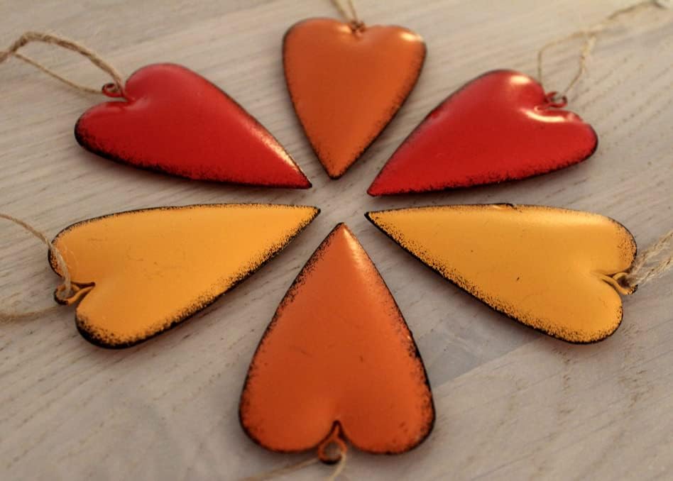 6er Set Anhänger Herzen Dekohänger Metall bunt Hängedeko orange gelb r