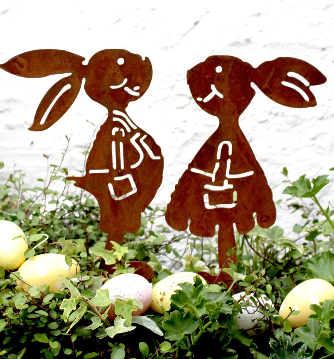 2 Stück Oster-Deko-Stecker 'Osterhase Langohr' Aus Metall (edelrostig) – Für Garten, Blumentopf Oder Fensterbank