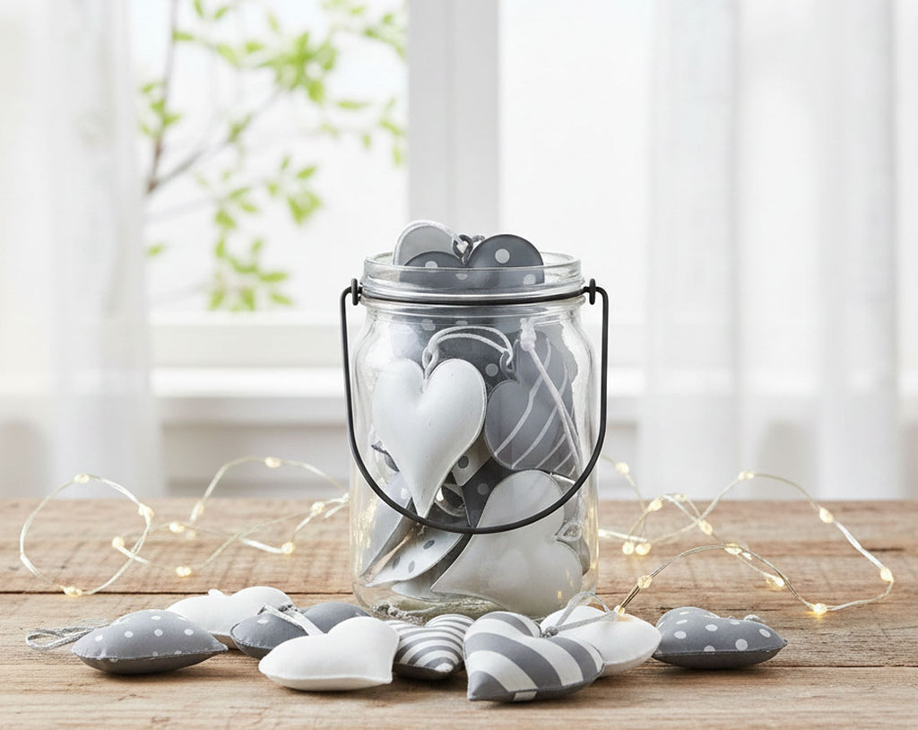 12 x Anhänger Dekohänger Metall Herz Deko Hängedeko 12er Set Herzen grau weiß Punkte Dekoherzen diy basteln