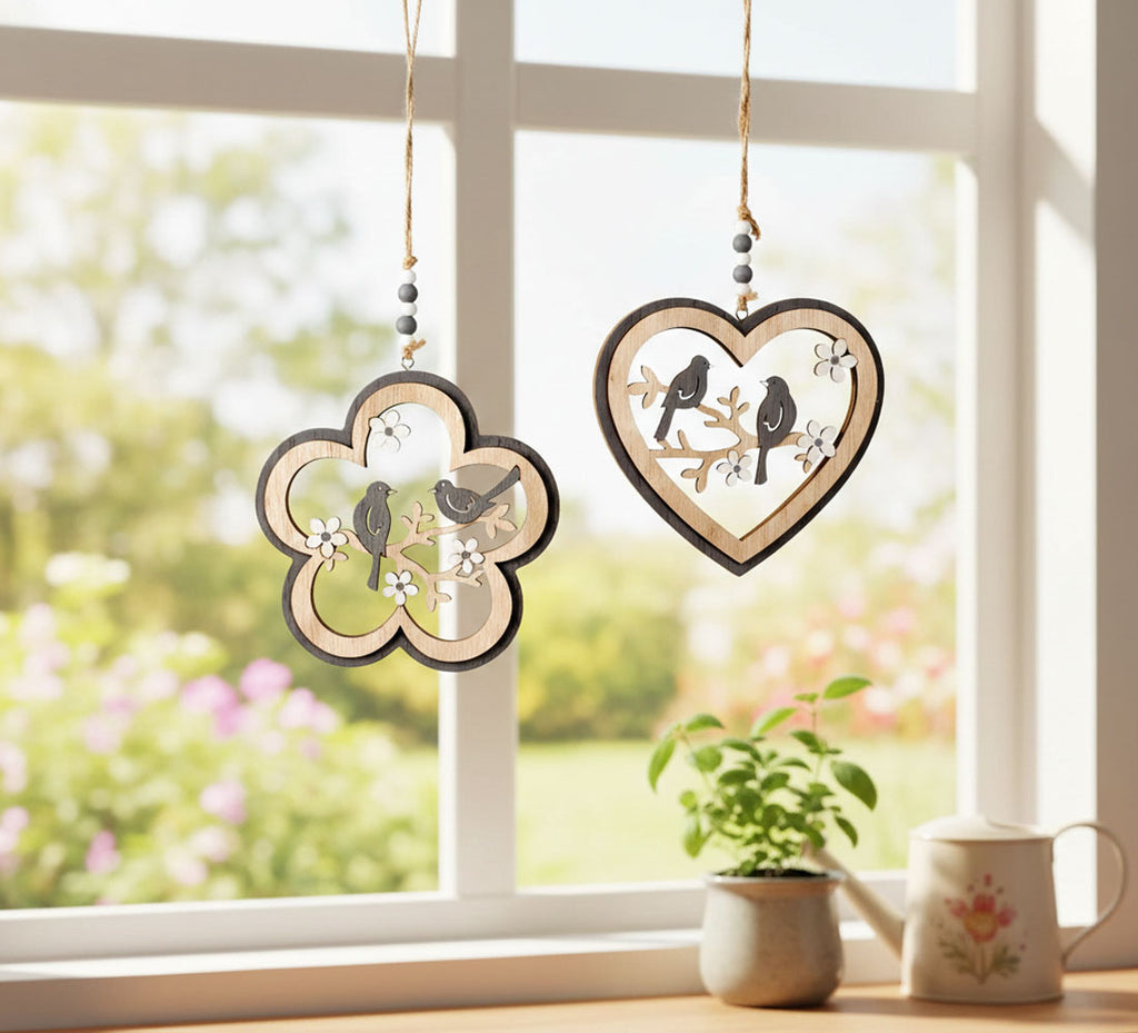 2er Set Girlande Hänger Dekohänger Fenster Frühling Ostern Vogel Holz Fensterhänger Blume Herz