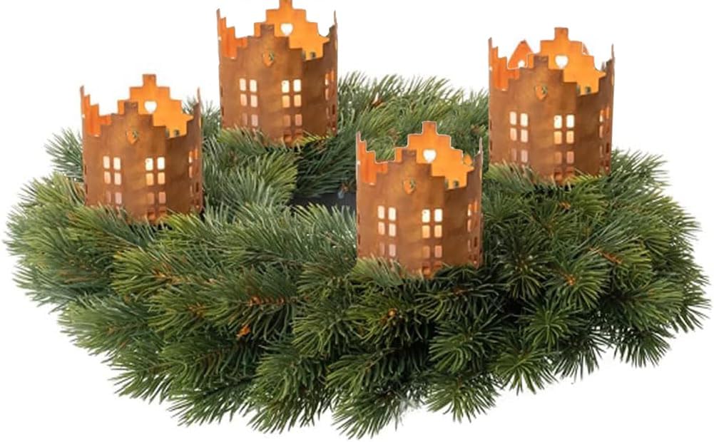 LB H&F 4er Set Adventskranzstecker HÄUSER Deko Kerzenhalter Advent Rost Metall Weihnachten KERZENSTECKER Haus Kerzenpicks zum selber dekorieren