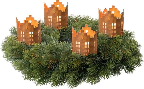LB H&F 4er Set Adventskranzstecker HÄUSER Deko Kerzenhalter Advent Rost Metall Weihnachten KERZENSTECKER Haus Kerzenpicks zum selber dekorieren