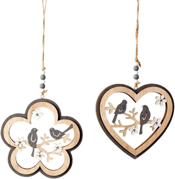 2er Set Girlande Hänger Dekohänger Fenster Frühling Ostern Vogel Holz Fensterhänger Blume Herz