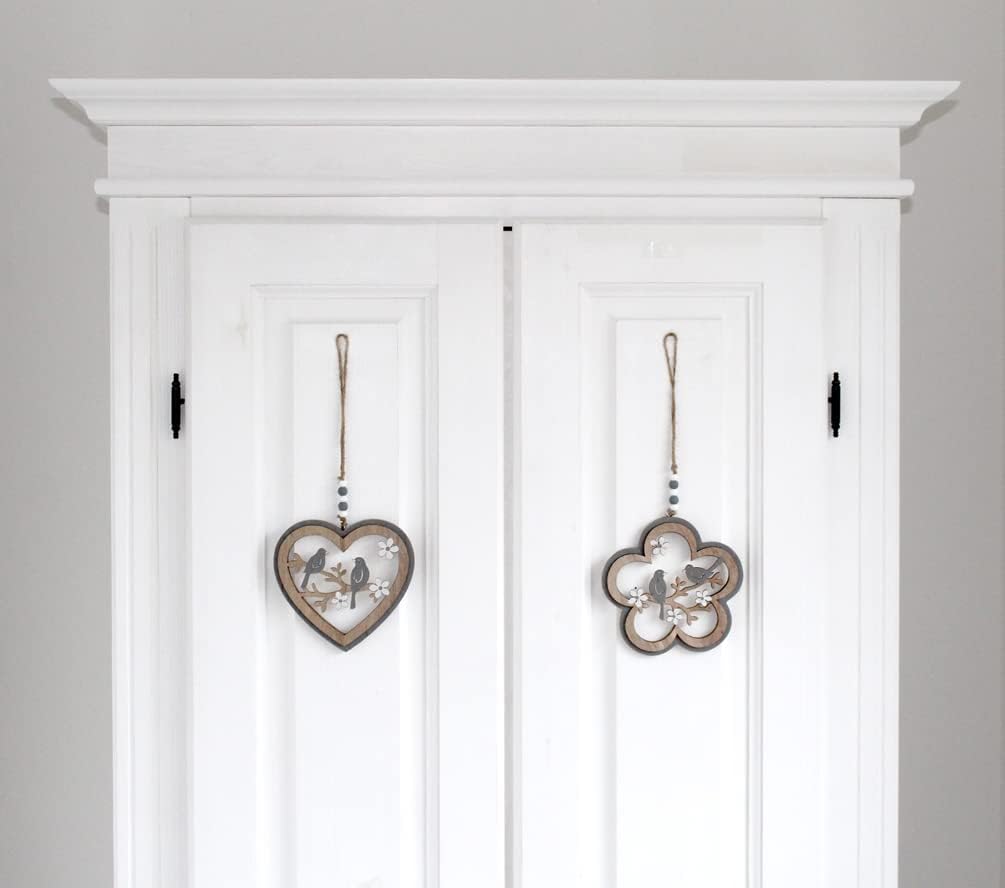 2er Set Girlande Hänger Dekohänger Fenster Frühling Ostern Vogel Holz Fensterhänger Blume Herz