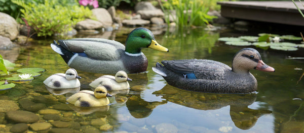 LB H&F 5er Set Teichtier Schwimmfigur Entenfamilie Teichfigur Erpel, Ente mit Entenküken Teichdeko Miniteich Schwimmtier Gartenteich Dekofigur Garten Teich