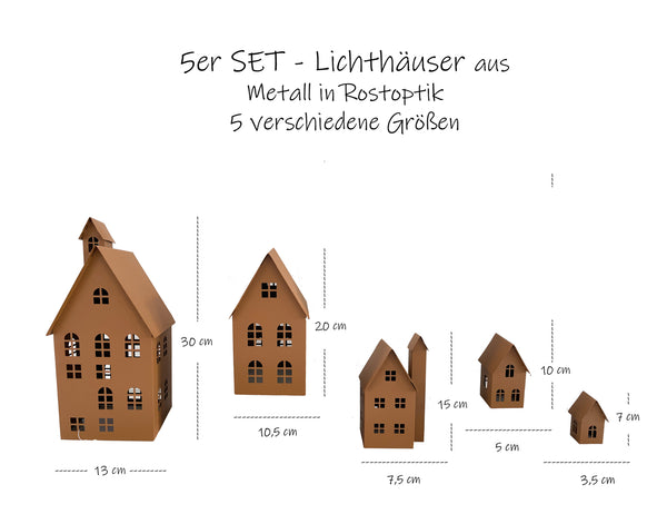 LB H&F 5er Set Häuser Gartendeko Lichthäuser AUFSTELLER Haus Dekoration Dekofigur Herbst Winter Metall Rost Lichthaus