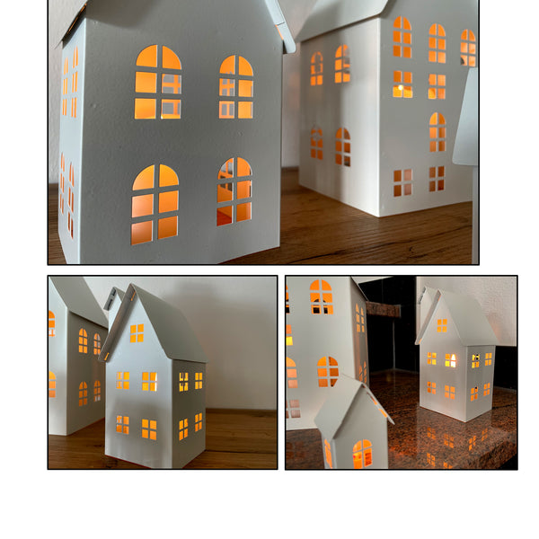 LB H&F 5er Set Häuser WEISS Gartendeko Lichthäuser AUFSTELLER Haus Dekoration Dekofigur Herbst Winter Metall Rost Lichthaus (Kopie)