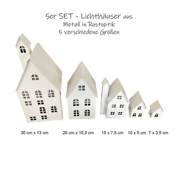 LB H&F 5er Set Häuser WEISS Gartendeko Lichthäuser AUFSTELLER Haus Dekoration Dekofigur Herbst Winter Metall Rost Lichthaus (Kopie)