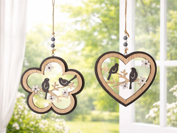 2er Set Girlande Hänger Dekohänger Fenster Frühling Ostern Vogel Holz Fensterhänger Blume Herz