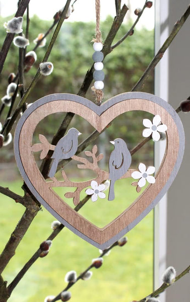 2er Set Girlande Hänger Dekohänger Fenster Frühling Ostern Vogel Holz Fensterhänger Blume Herz