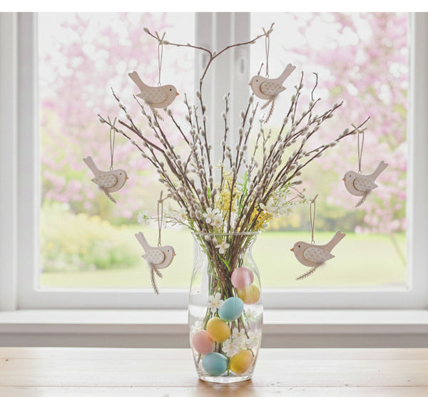 6er Set Anhänger Vögel mit Feder Deko Holz Vogel Holzanhänger Dekoanhänger Dekovögel