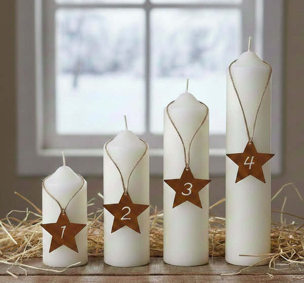 LB H&F 4er Set Adventskranz Zahlen Deko Advent Rost Stern Metall Weihnachten KERZENANHÄNGER dekorieren Sternform Adventskerzen
