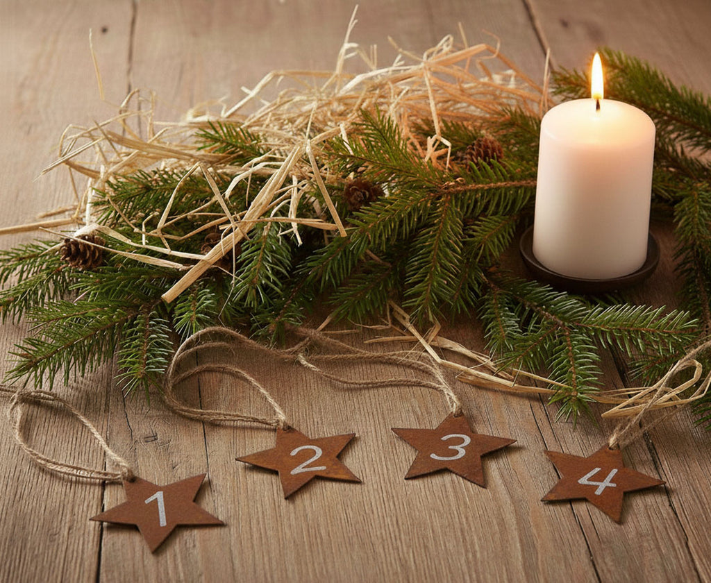 LB H&F 4er Set Adventskranz Zahlen Deko Advent Rost Stern Metall Weihnachten KERZENANHÄNGER dekorieren Sternform Adventskerzen