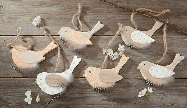 6er Set Anhänger Vögel mit Feder Deko Holz Vogel Holzanhänger Dekoanhänger Dekovögel