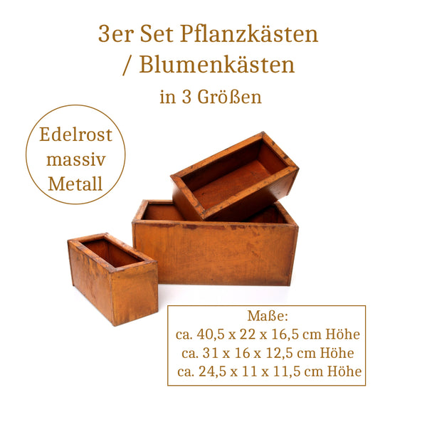 LB H&F 3er Set Blumenkasten Balkonkasten Rost Edelrost - 3 Größen