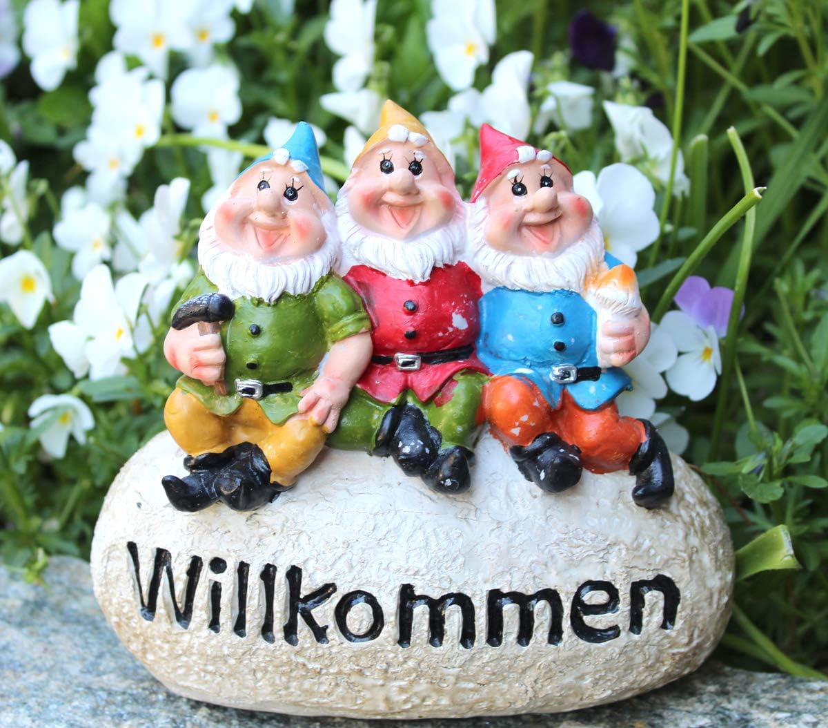 LB H&F Gartenzwerge Dekofigur lustige Zwerge WILLKOMMEN Gartendeko Figur mit Stein - wetterfest - frostsicher Gartenzwergeset Außenbereich