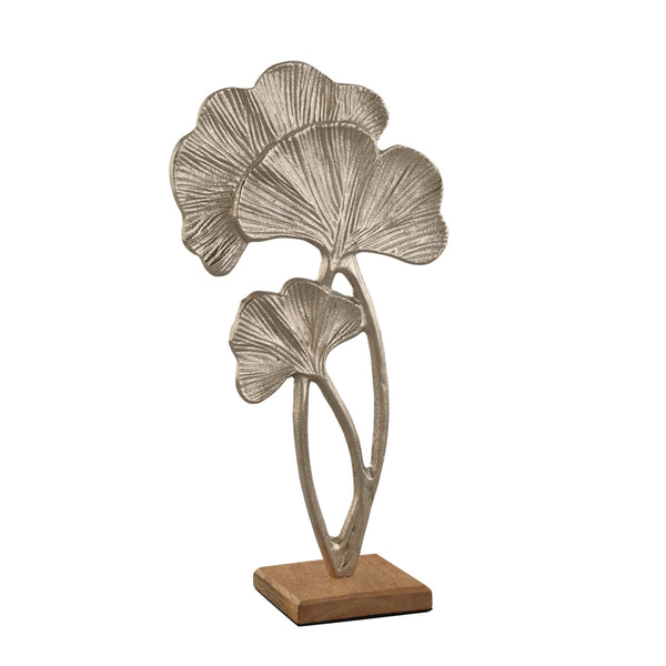 LB H&F Ginkoblatt Skulptur Dekobjekt 39cm Deko Ginko Holz Metall Silber Pflanze zum hinstellen Natur (Pflanze)