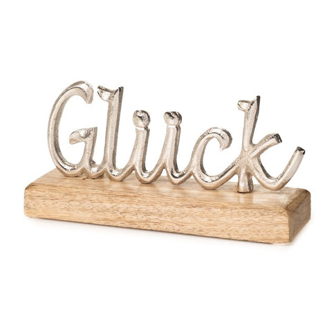 LB H&F Schriftzug GLÜCK Deko Holz Metall Silber Buchstaben zum hinstellen Natur (Glück)