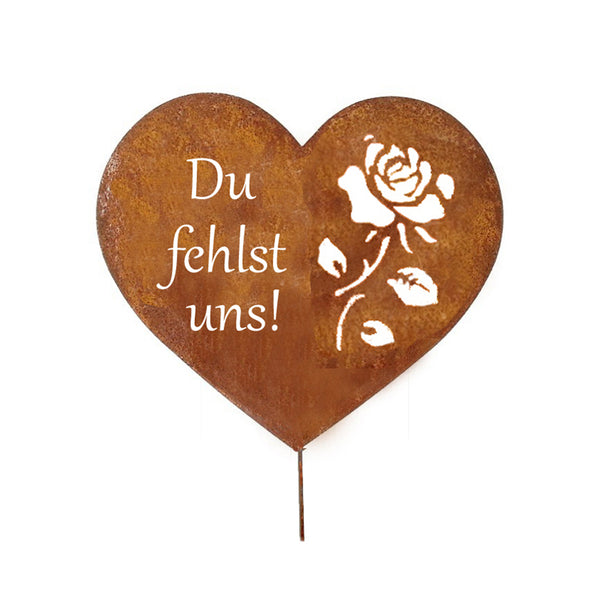 LB H&F Grabherz Rostherz Herz Trauerdekoration Grabschmuck Grabrose Rose - Du fehlst Uns - Metall für Gestecke - Grab zum stecken - witterungs frostbeständig