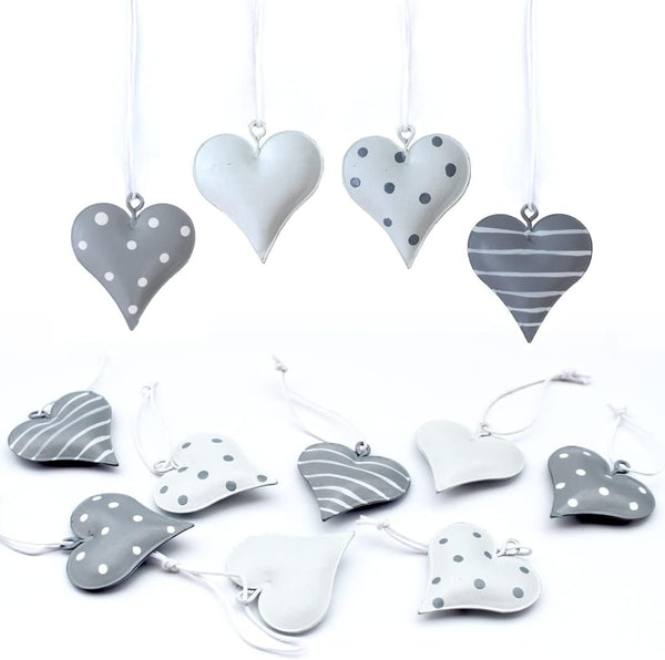 12 x Anhänger Dekohänger Metall Herz Deko Hängedeko 12er Set Herzen grau weiß Punkte Dekoherzen diy basteln