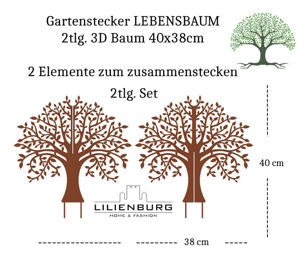 LB H&F Gartenstecker LEBENSBAUM 2tlg. 3D Baum 40x38cm stecken Gartendeko aus 2 Steckelementen Metall Rost Edelrost