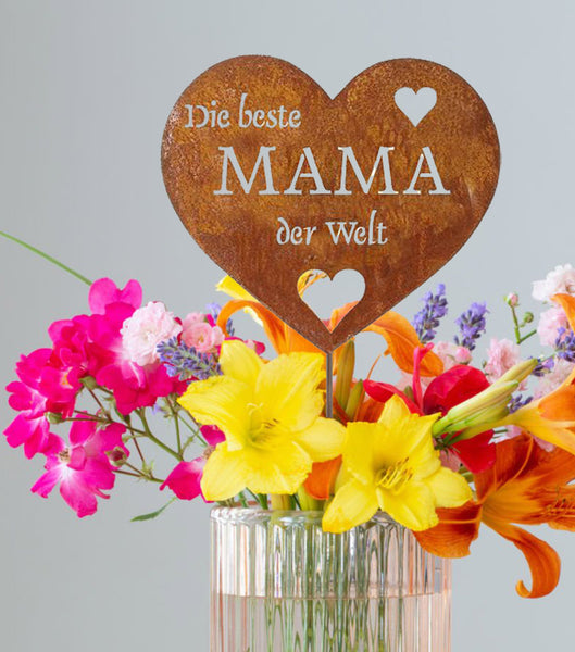 LB H&F Rostherz Muttertag Geburtstag Gartenstecker Blumenstecker Geschenk Mutter Gartenfigur Herz - Die Beste Mama der Welt - 33cm