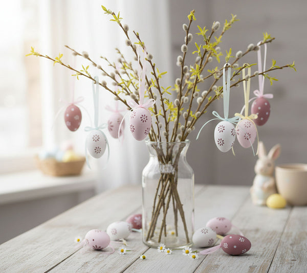 12 Stück Deko Ostereier 6 cm Eier zum Hängen Osterdeko Osterhänger Pastelltöne rosa Wetterfest Kunststoff Ostern Set