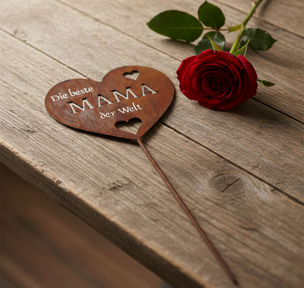 LB H&F Rostherz Muttertag Geburtstag Gartenstecker Blumenstecker Geschenk Mutter Gartenfigur Herz - Die Beste Mama der Welt - 33cm