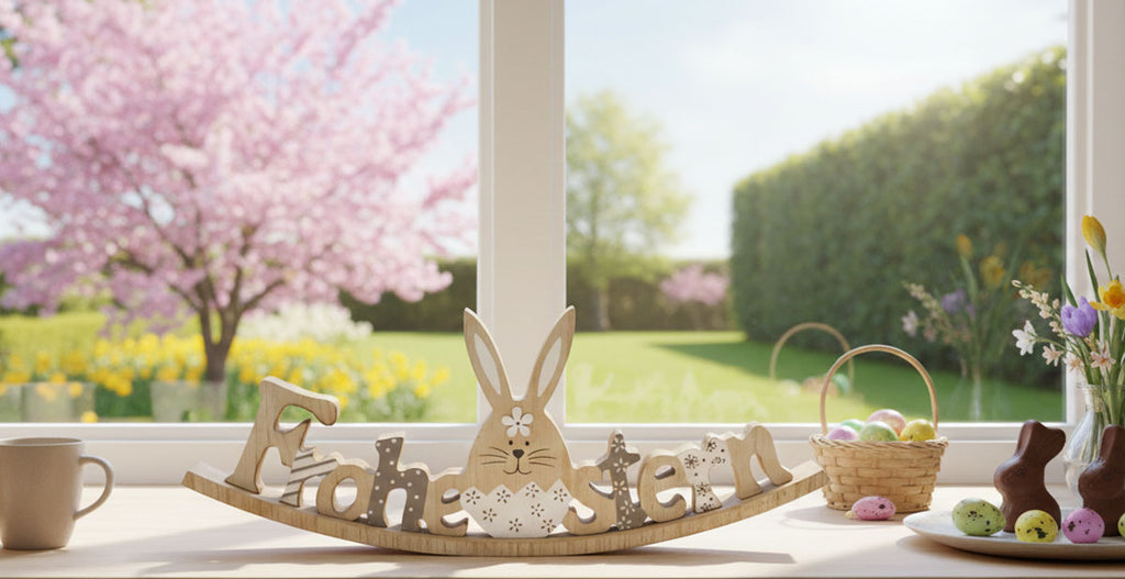 Dekorativer Schriftzug Ostern mit Hase zum hinstellen Natur Holz grau 30 cm groß