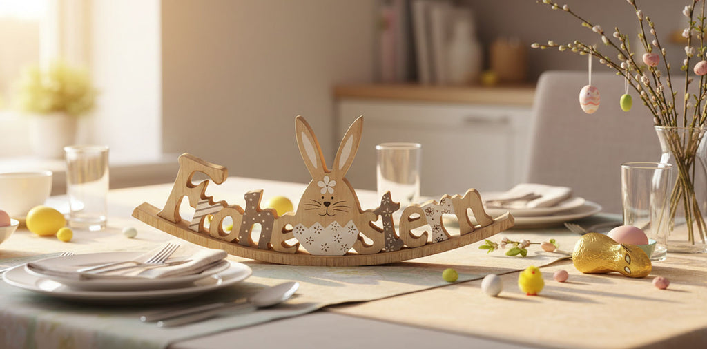 Dekorativer Schriftzug Ostern mit Hase zum hinstellen Natur Holz grau 30 cm groß