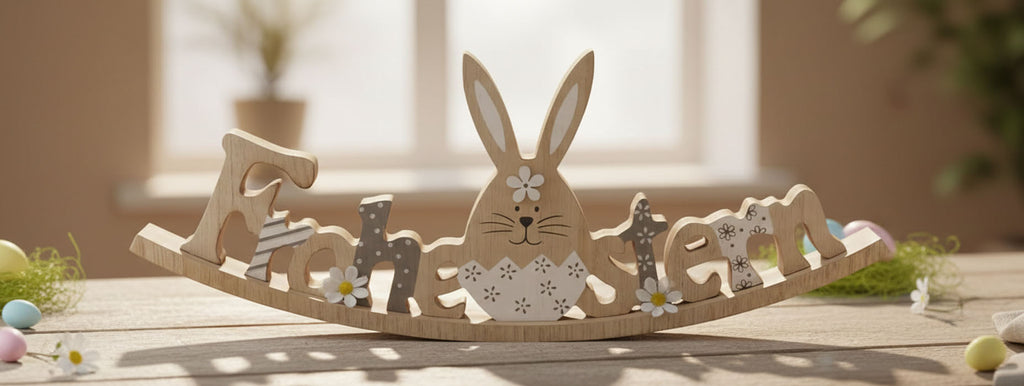 Dekorativer Schriftzug Ostern mit Hase zum hinstellen Natur Holz grau 30 cm groß