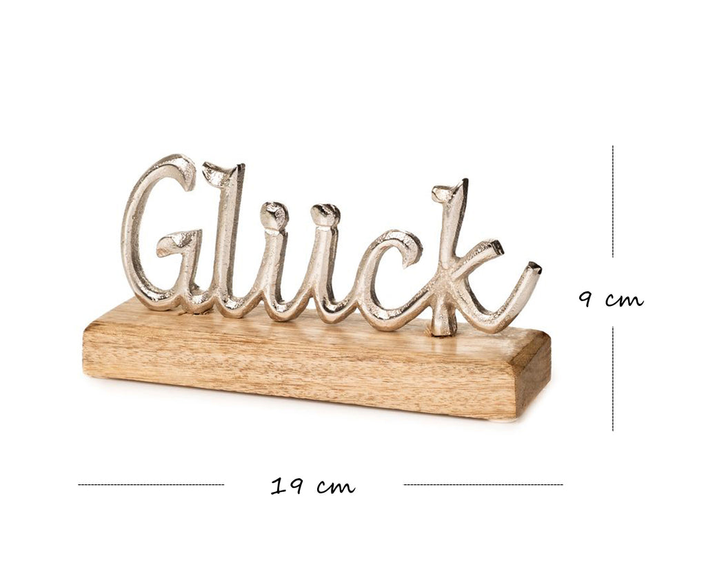 LB H&F Schriftzug GLÜCK Deko Holz Metall Silber Buchstaben zum hinstel