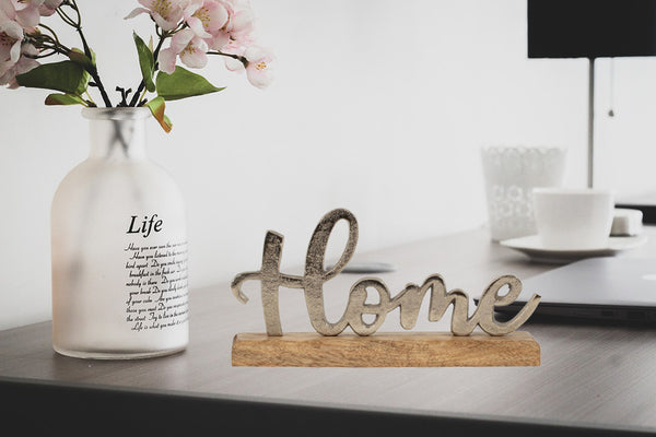 LB H&F Schriftzug Home Deko Schrift Holz Metall Silber Buchstaben zum hinstellen Alu Zuhause Natur (Home)