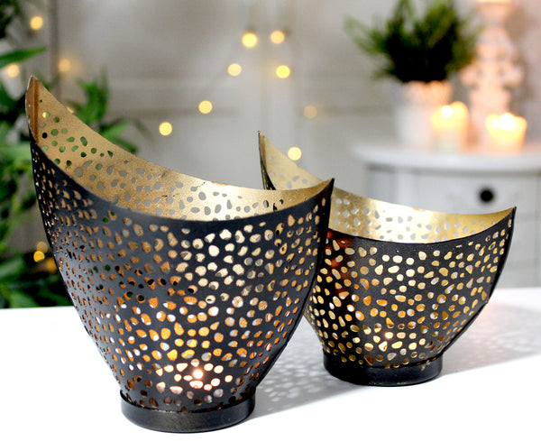 2er Set Kerzenhalter Kerzenständer Teelichthalter Tischdeko Teelichtschale Gold oder Kupfer Metall Modern Kerze Deko Windlicht Kerzenschale für Teelichter (Gold/Kupfer)