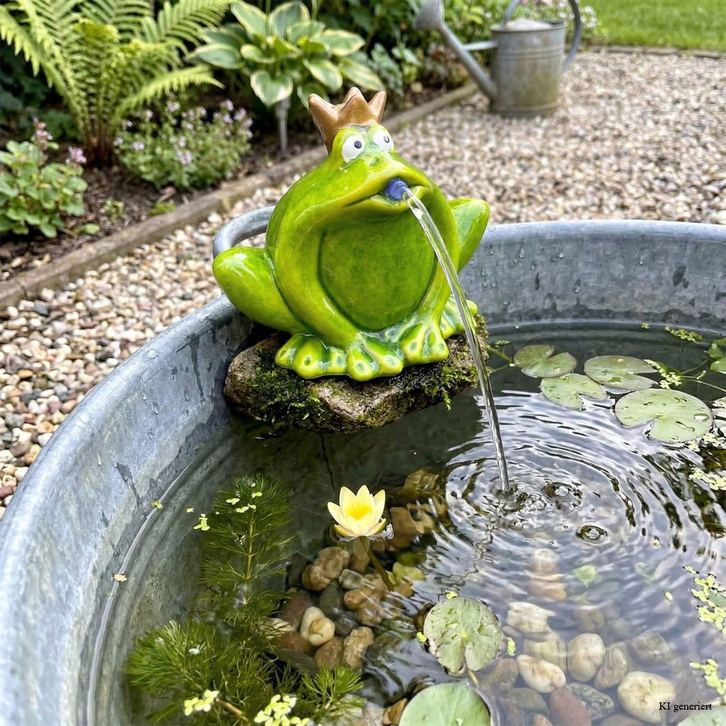 LB H&F Wasserspeier Froschkönig Miniteich mit Pumpe Teichfigur Frosch Deko Wasserspiel Gartenfrosch Gartenteich Terrasse/Balkon