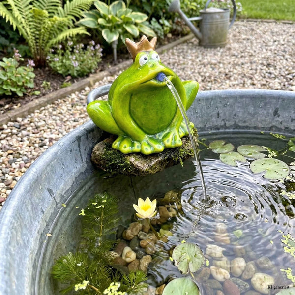 LB H&F Wasserspeier Froschkönig Miniteich mit Pumpe Teichfigur Frosch Deko Wasserspiel Gartenfrosch Gartenteich Terrasse/Balkon