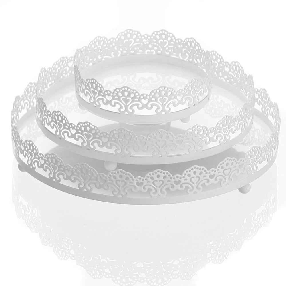 LB H&F 3 Stück Tablett Set rund Weiß Metall Spitze Shabby Chic Dekotab