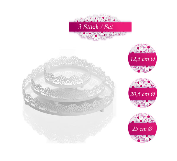 LB H&F 3 Stück Tablett Set rund Weiß Metall Spitze Shabby Chic Dekotablett