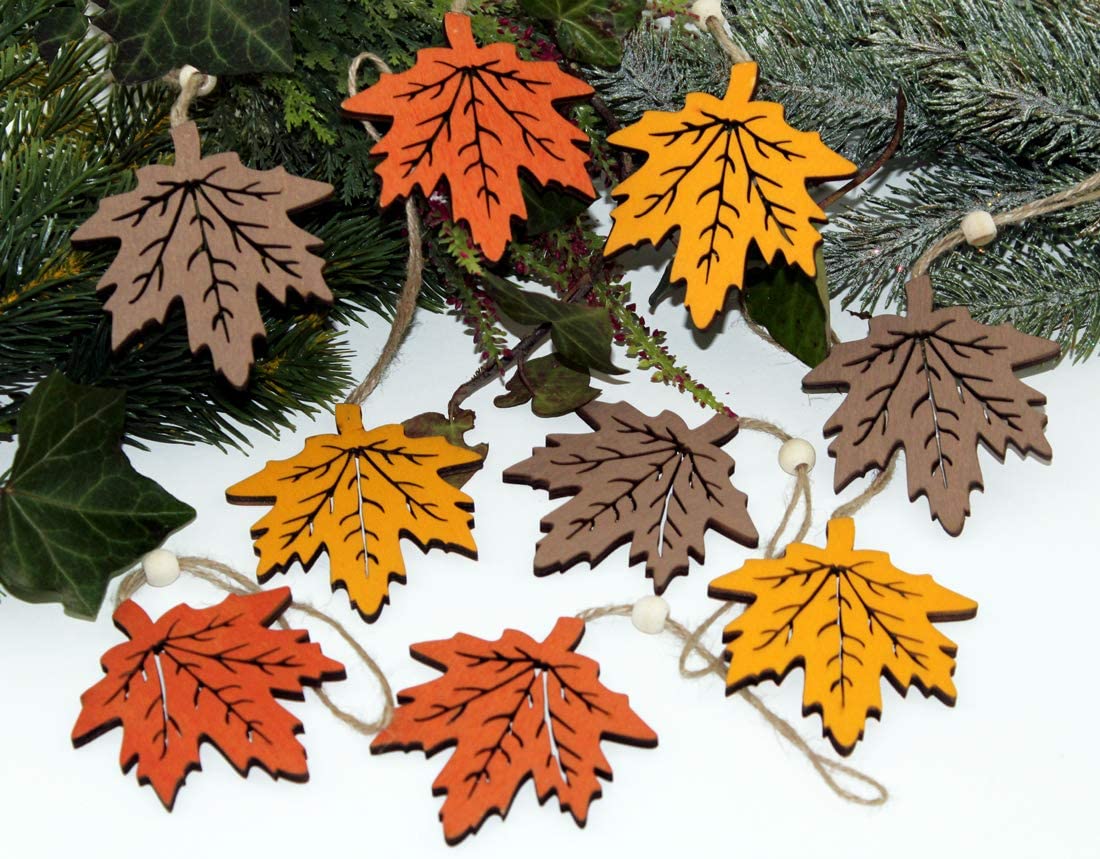 LB H&F 9er Set Anhänger Blatt Herbst Deko Holz Herbstanhänger Holzanhänger Dekoanhänger Ahorn Blätter bunt Herbstdeko