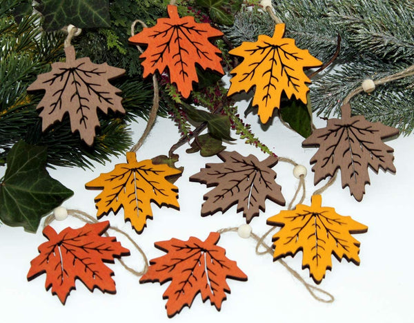 LB H&F 9er Set Anhänger Blatt Herbst Deko Holz Herbstanhänger Holzanhänger Dekoanhänger Ahorn Blätter bunt Herbstdeko