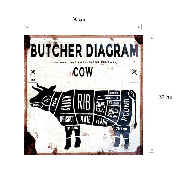 LB H&F Blechschild Küche Retro Vintage Blech Metallschild Steak Rind Fleisch braun Essen Kochen 30x30 cm
