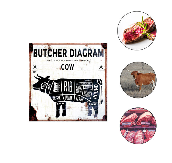 LB H&F Blechschild Küche Retro Vintage Blech Metallschild Steak Rind Fleisch braun Essen Kochen 30x30 cm
