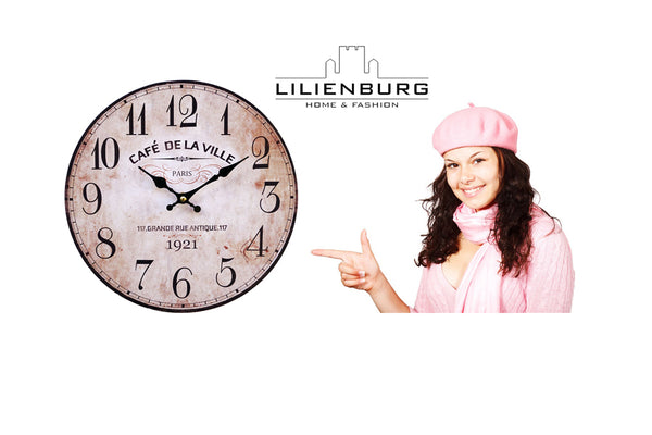 LB H&F Vintage Wanduhr lautlos ohne tickgeräusche Küchenuhr von Lilienburg braun antik Shabby Chic Cafe mit lautlosem Uhrwerk KEIN Ticken