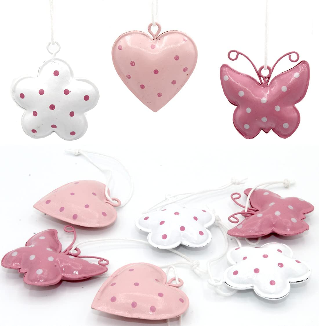LB H&F 9er Set Anhänger Herzen Dekoanhänger Metall bunt Hängedeko Frühling Osterschmuck Ostern Dekohänger Osterdeko Mix rosa pink