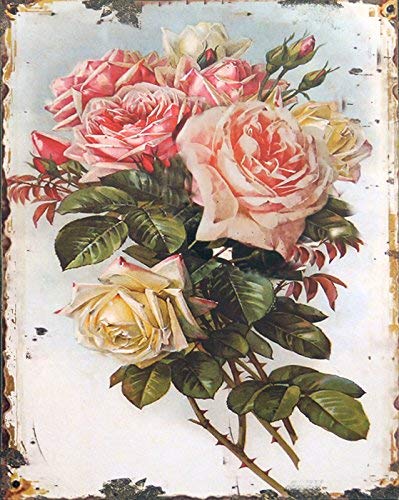 LB H&F Blechschild Rosen Metall 25x20 cm Shabby Chic Retro Wohnzimmer Küche Blech Schild Metallschild Nostalgie