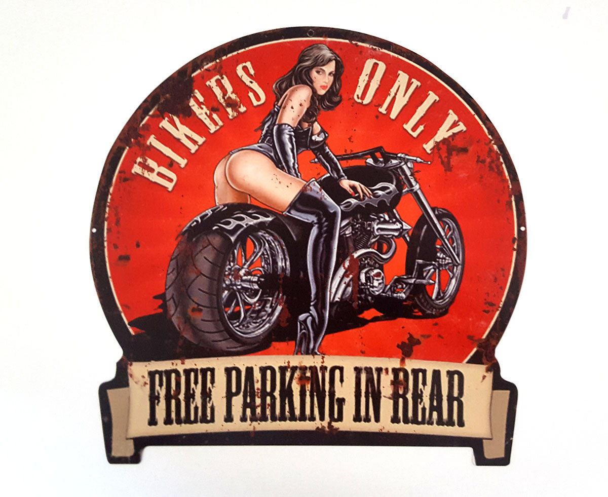 LB H&F Blechschild Retro Motorrad Blech Metallschild SEXY - FREI PARKEN - Biker Braut - Rund 30x30cm Groß