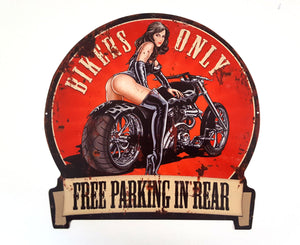 LB H&F Blechschild Retro Motorrad Blech Metallschild SEXY - FREI PARKEN - Biker Braut - Rund 30x30cm Groß