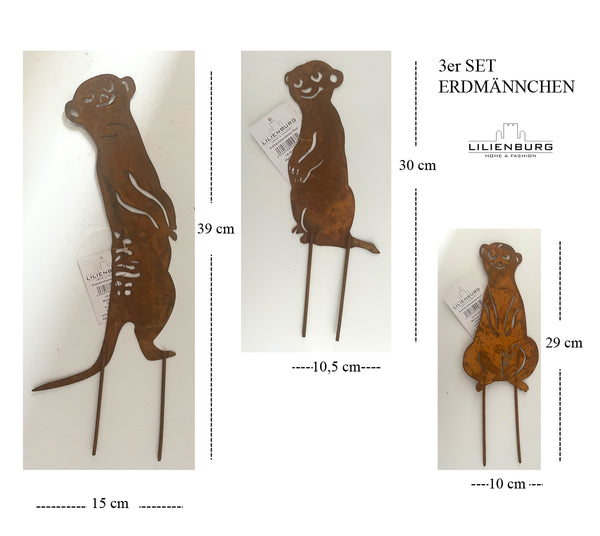 Lilienburg Erdmännchen Familie Roststecker 3er Set Figur Gartenstecker Rost Tier Metall Gartenfigur Deko Garten