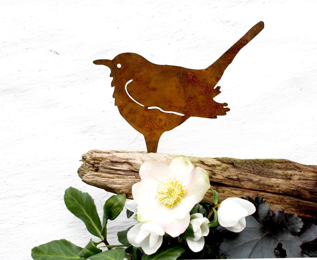 LB H&F Gartendeko Gartenstecker Vogel Amsel zum Stecken Baumstamm Deko
