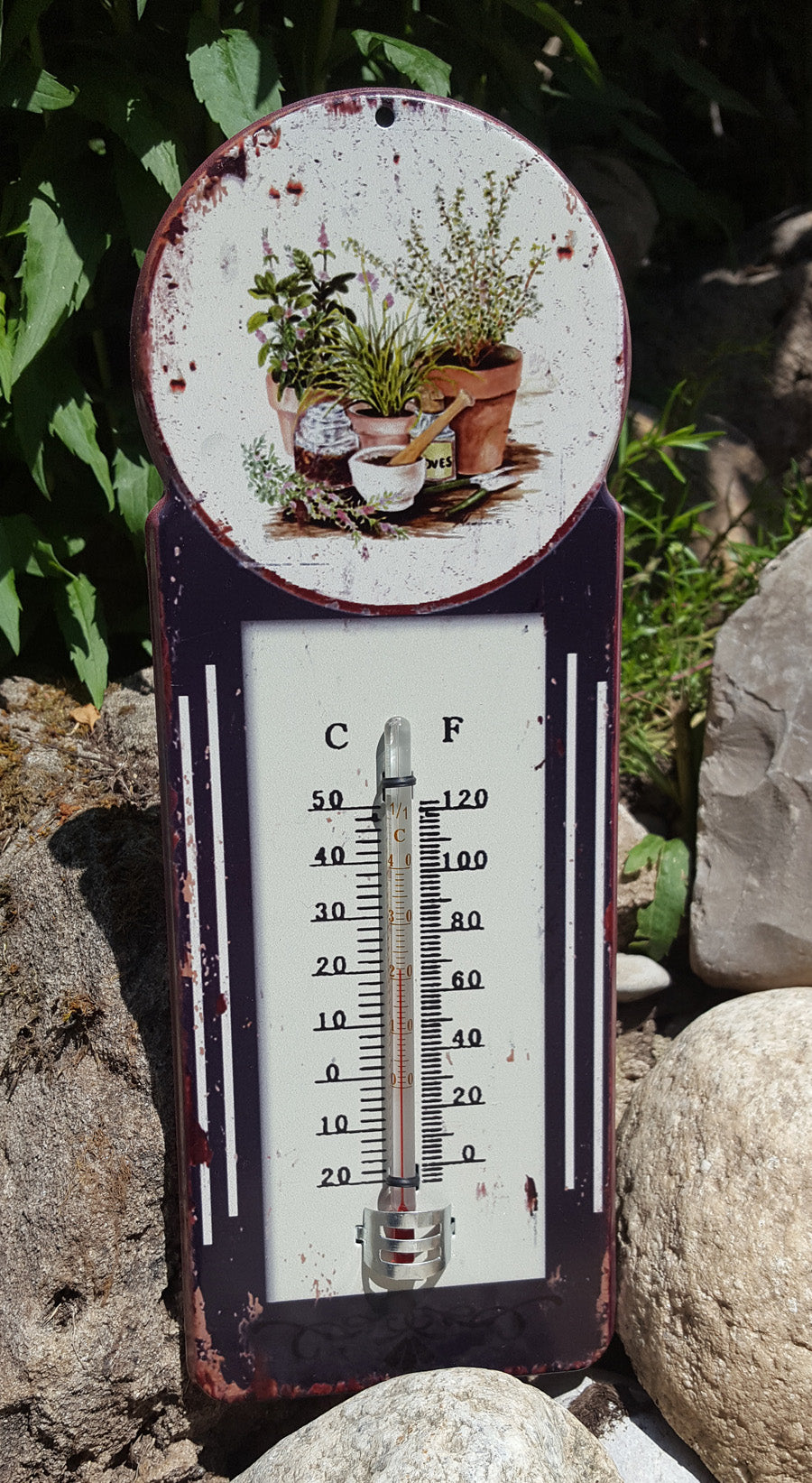 LB H&F Gartenthermometer analoges Innen-/Außenthermometer Wand Thermometer Metall - 38 cm Gross - Blechschild Antik Design